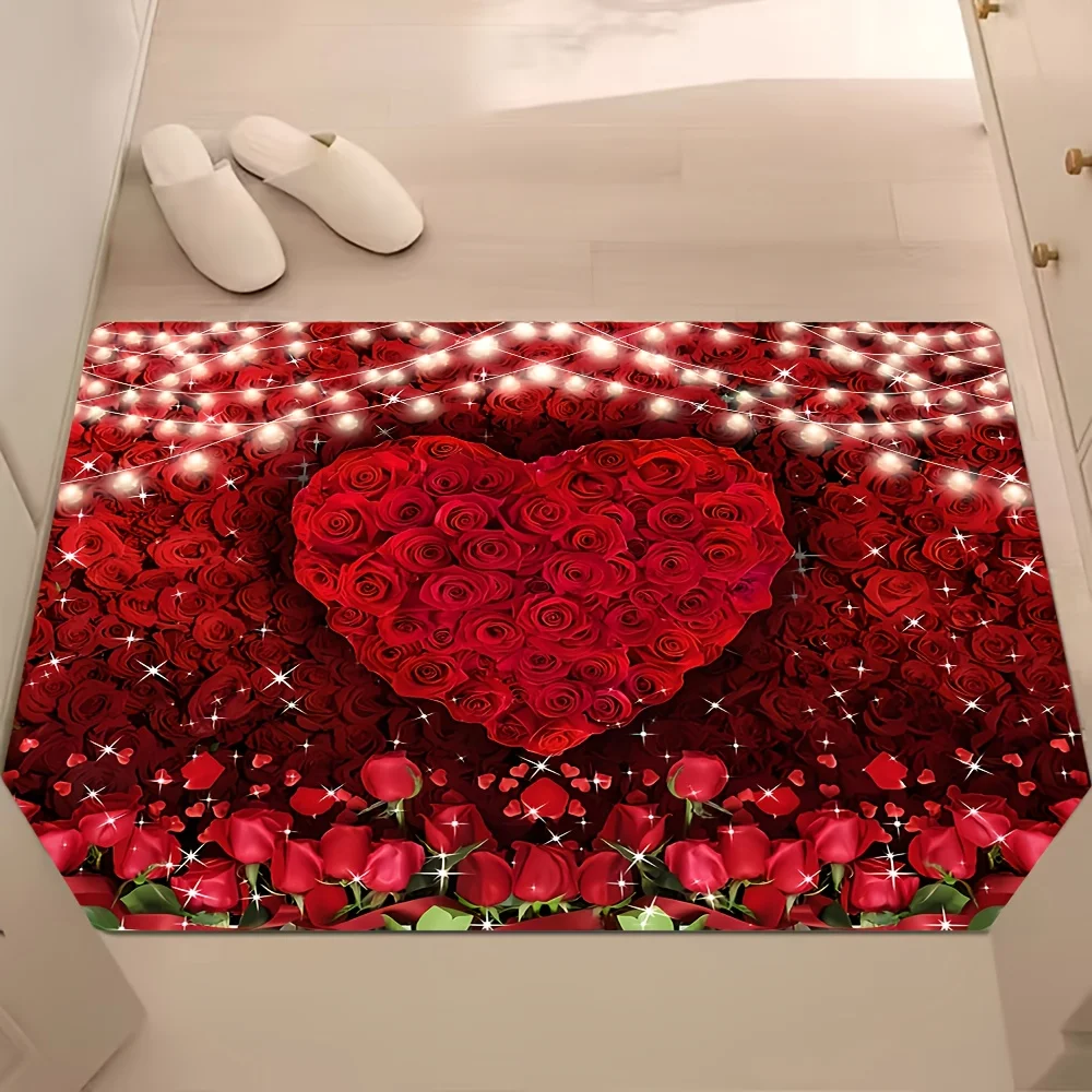Red rose heart-shaped pattern Flannel-printed floor mats has a non-slip function is suitable entrances bathroom welcome carpets