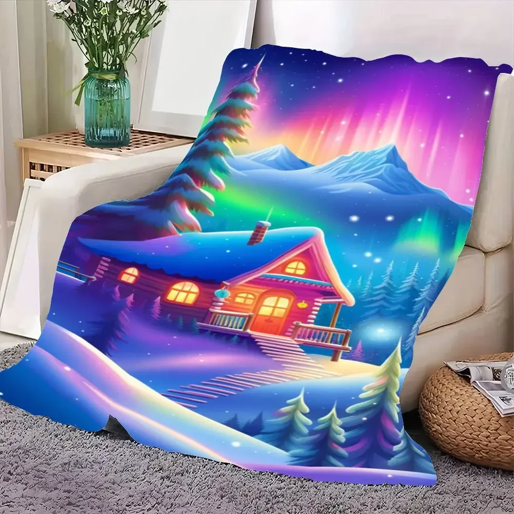 Winter Wonderland Cozy Blanket - Snow-Covered Cabin with Glowing Windows and Vibrant Aurora Design - Soft, Warm Throw Blanket Pe