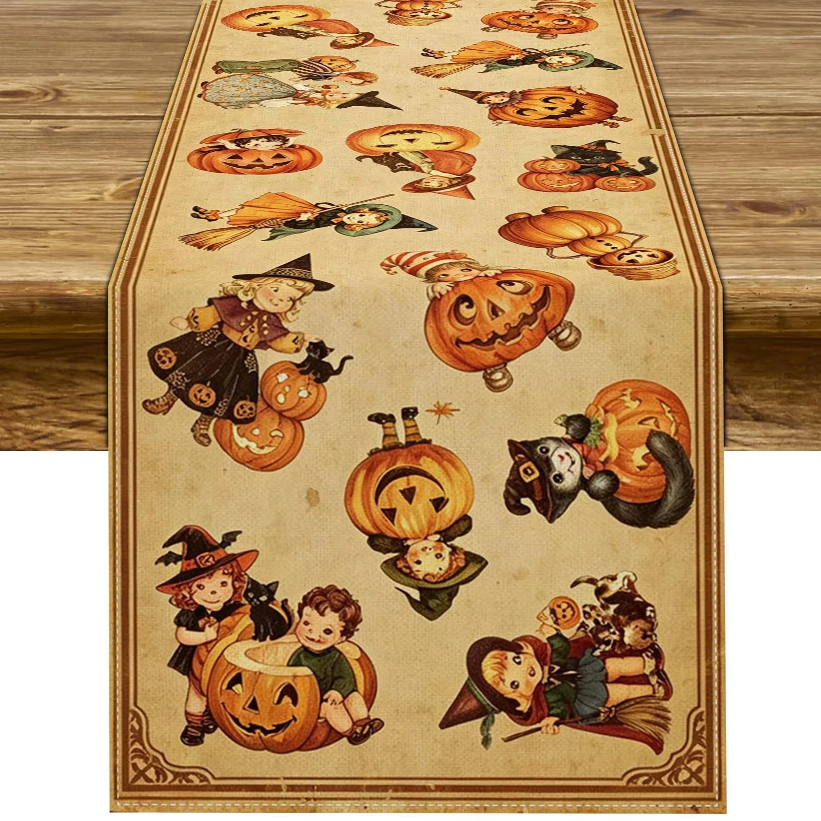 Vintage Halloween Table Runner Retro Witch Kid Pumpkin Cat Print Tablecloth Holiday Party Dining Table Decor Home Kitchen Decora