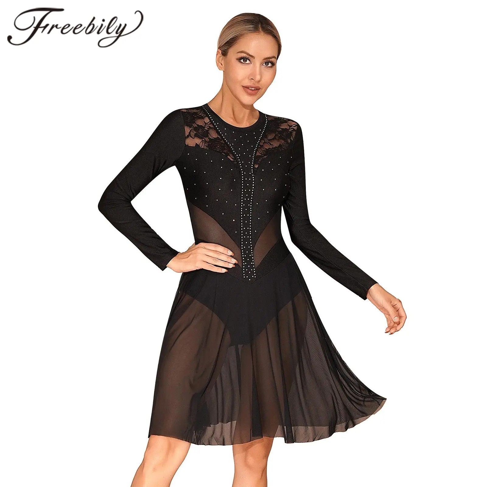 Womens Ballet Dance Leotard Costume Floral Lace Sheer Mesh Splice Figure Skating Dress Long Sleeve Ice Skating Clothes Dancewear