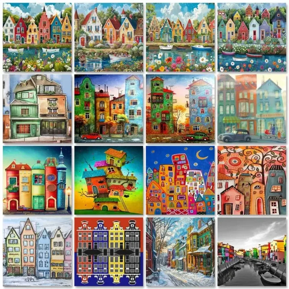 1pc frameless Oil Painting Colorful House Diy Paint By Numbers For Adults On Canvas Acrylic Paint Kit Wall Art Home Decoration