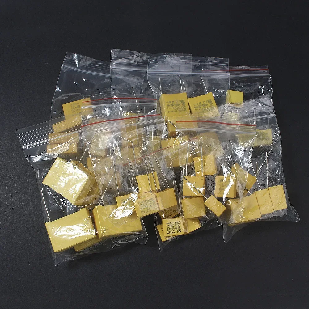 50PCS X2 Capacitor 275VAC Polyester Film Capacitors Kit 10mm/15mm/22mm 0.047UF 0.1UF 0.22UF 0.33UF 0.47UF 0.68UF 1UF