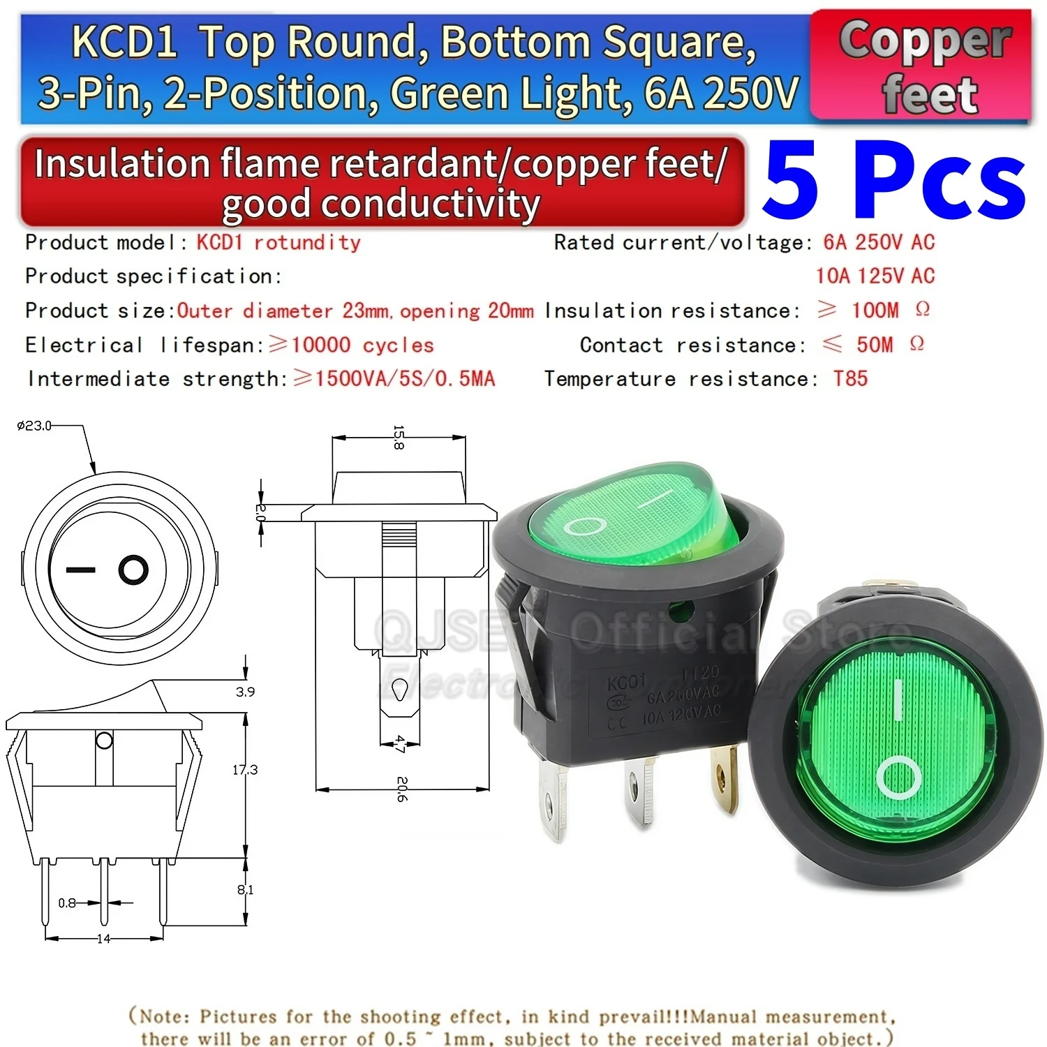 5 Stück KCD1 EIN-AUS-EIN 2/3/4-Pin 2/3-Positionen Einrastbarer 6A 220V Grüner Roter LED Runder Wippschalter für Haushalt DIY Ersatz – Detail 23