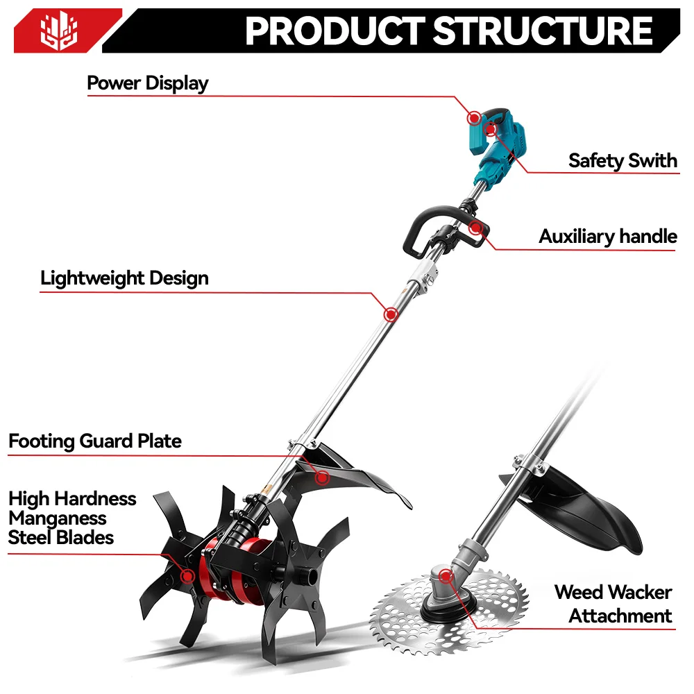 ONEVAN 2IN1 Brushless Electric Lawn Mower And Tiller Cordless Grass Trimmer Garden Cutter Soil Loosening For Makita Battery Pin