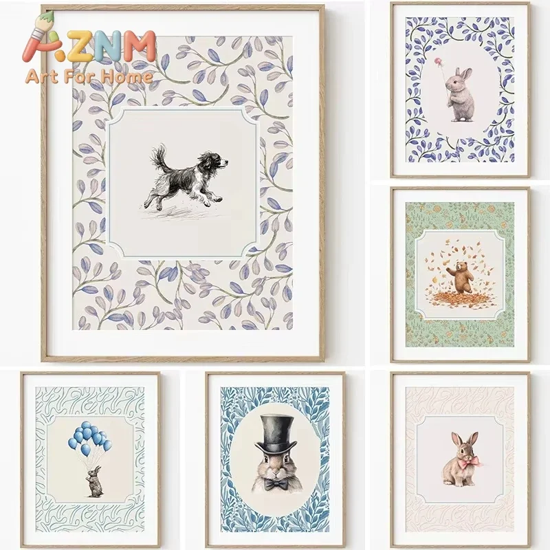 Pósteres nórdicos vintage de animales: conejo, perro, cisne, oso, oveja, impresiones artísticas en lienzo sin marco, decoraci
