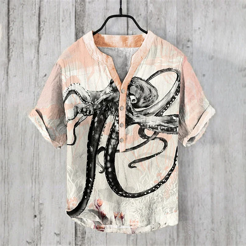 Men's Henry shirt - Octopus printed clothing T-shirt, fashionable casual short sleeved top with animal pattern print, new 2024,