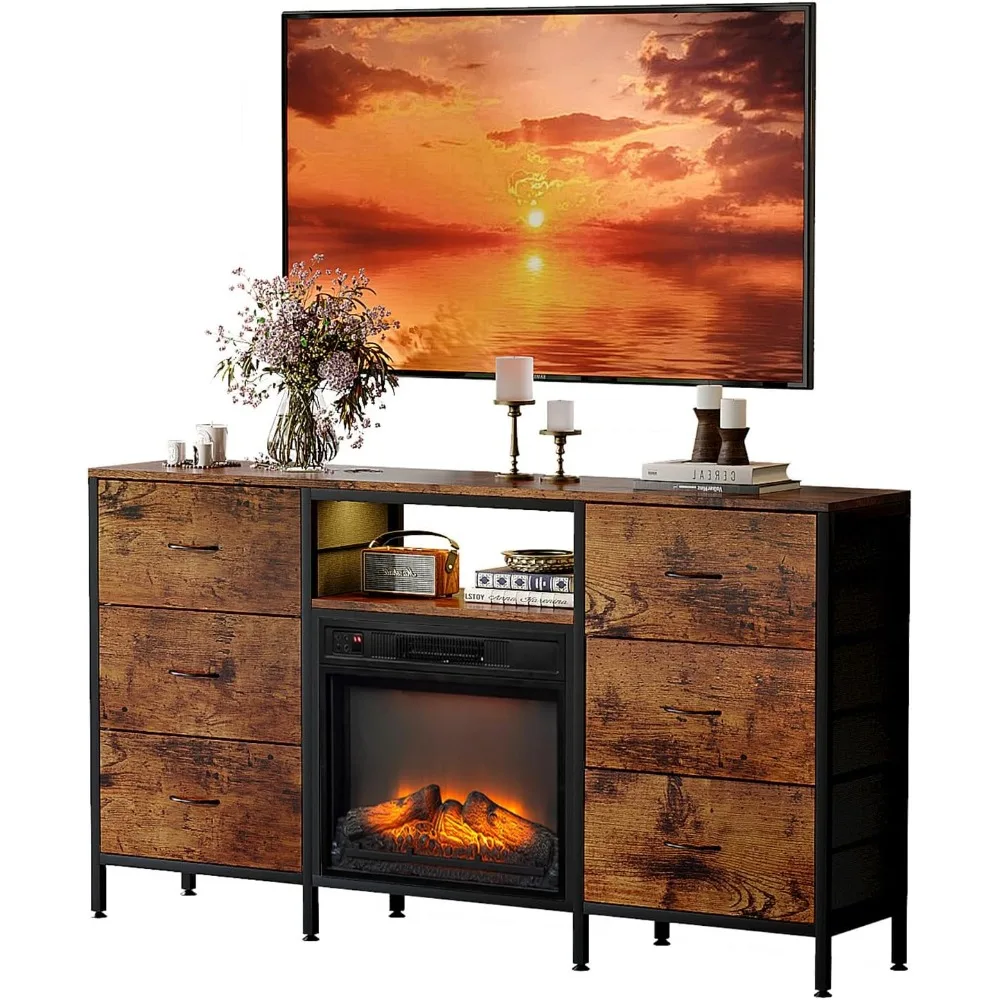 حامل تلفزيون Bonnlo 58 مدفأة مع أدراج قماش وأضواء LED، سخان مدفأة كهربائية، مركز ترفيه حديث مع مفتوح