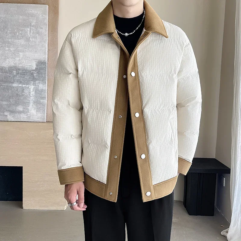 2024 Winter Thick and Warm Cotton Jacket Korean Color Blocking Lapel Casual Parkas Top Windbreaker Overcoat Social Men Clothing