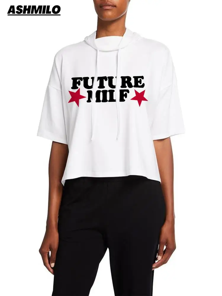 

Harajuku Y2K Future Milf Stars High Street Retro Fashion Women Clothing Casual Print Hooded Tops Femme Short Sleeve T-shirts