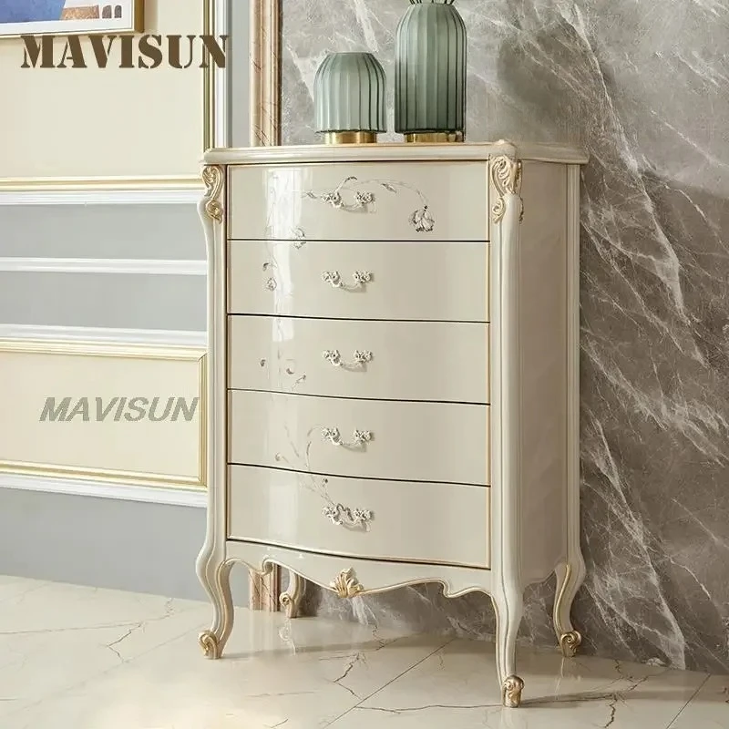 Solid Wood Chest Of Drawers White Light Luxury Hand-Carved Pattern Storage Cabinet Simple Bedroom Home Kitchen Stand