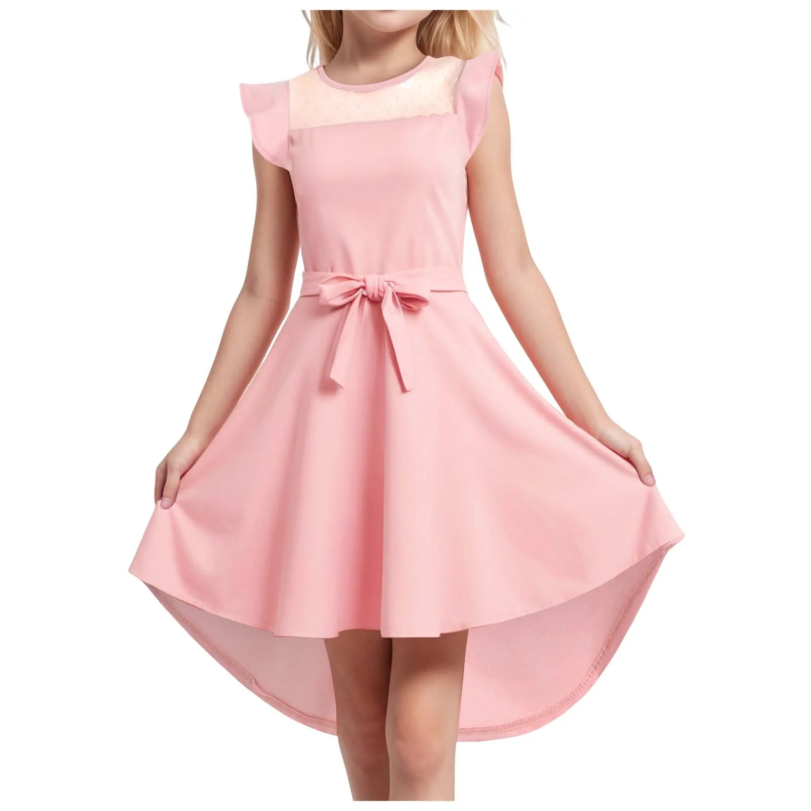 

Платье с цветочным узором для девочек 12-месяц, летнее сетчатое платье трапециевидной формы с рукавами, повседневное праздничное платье, платье с поясом и молодежным пасхальным нарядом для девочек