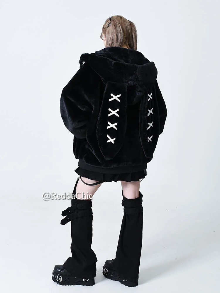 REDDACHiC Rabbit Ear Hooded Plush Coat Women Black Long Sleeve Zip Up Faux Fur Thick Warm Oversize Jacket Lolita Winter Clothes