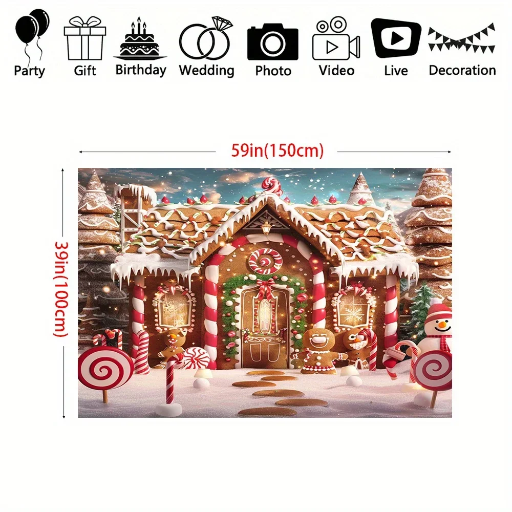 Merry Christmas Gingerbread House and Snow Tree Background Cloth - Indoor and Outdoor Photography Background Banner