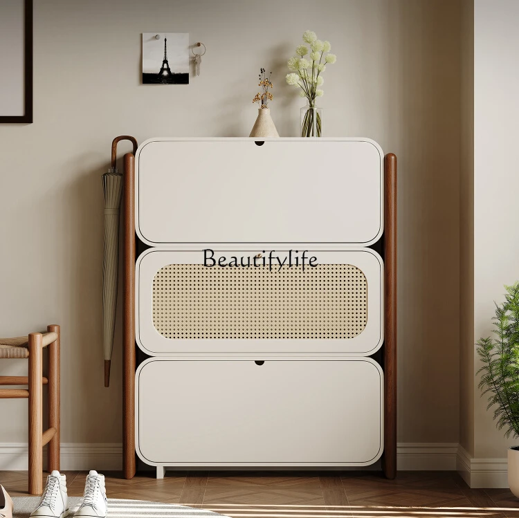 

Retractable ultra-thin shoe cabinet Solid wood entry home door creative tipping bucket rattan cream wind entrance cabinet