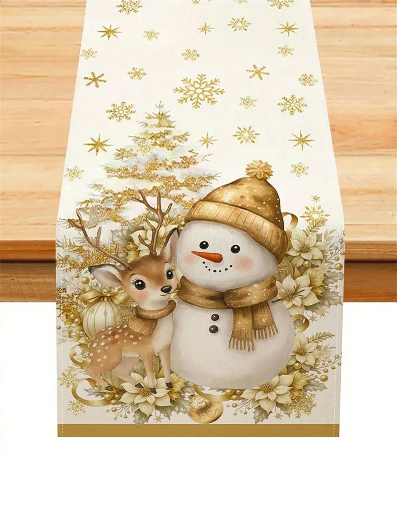 Camino de mesa navideño de papel de aluminio dorado con muñeco de nieve y ciervo, Universal de varias estaciones para decoración de mesa de comedor, decoración plana de lino 2D, 1 ud.