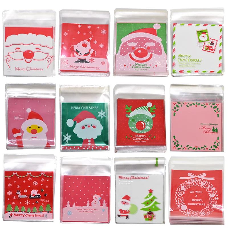 

100pcs 10x10cm Christmas Cookie Gift Bags Christmas Santa Claus Snowman Self-adhesive Snacks Candy Bags Navidad Christmas Decor