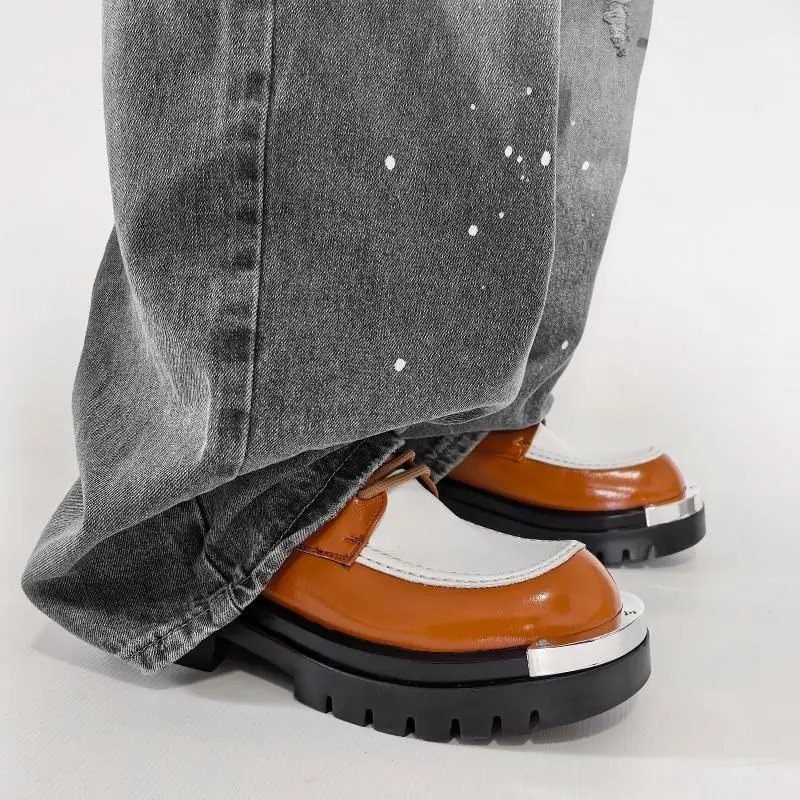 Original Man Shoes Luxury Brand High Quality Fashion Splicing Glossy Casual Leather Shoes Campus Platform Wear-resistant Zapatos