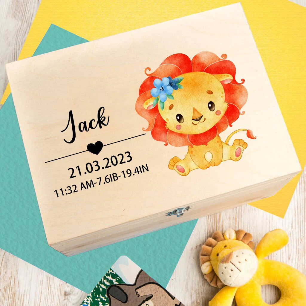 Custom Wooden Baby Box Newborn Baby Gift Personalised Infant Memory Box Cute Animal Print Wood Box Birth Stats Gift New Mom Gift