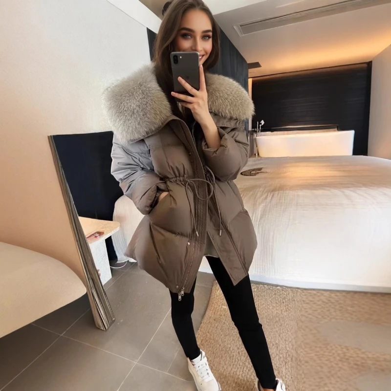 

2025 New Winter Solid Color Spliced Large Fur Collar Warm and Thick Personalized Cotton Clothing for Women