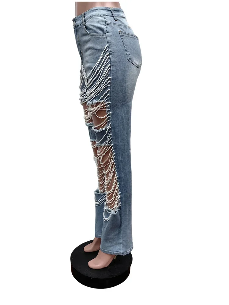 Wmstar Jeans Women High Waist Denim Boyfriend Beading Cargo Korean Ripped Holloe Out Streetwear Pants Wholesale Dropshipping