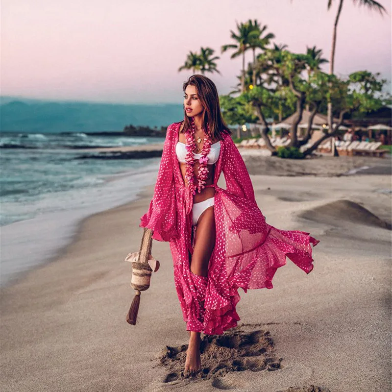 Lunaria 2025 บิกินี่ COVER-UPS Bohemian พิมพ์ยาวกิโมโนเสื้อสเวตเตอร์ถัก PLUS ขนาดเสื้อชีฟองผู้หญิงชายหาดสวมชุดว่ายน้ํา