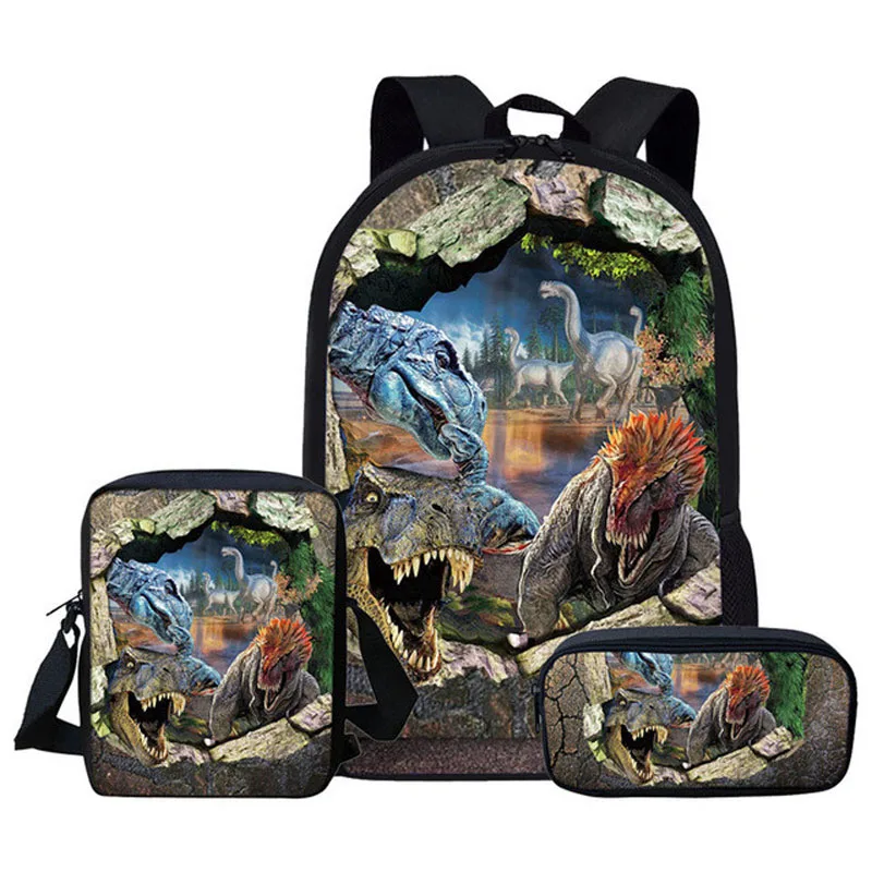 Fashion 3PC/Set Kids Backpack Cute Dinosaur 3D Print Student School Bags Animal Teenagers Boys Girls Book Bag Children Back Pack