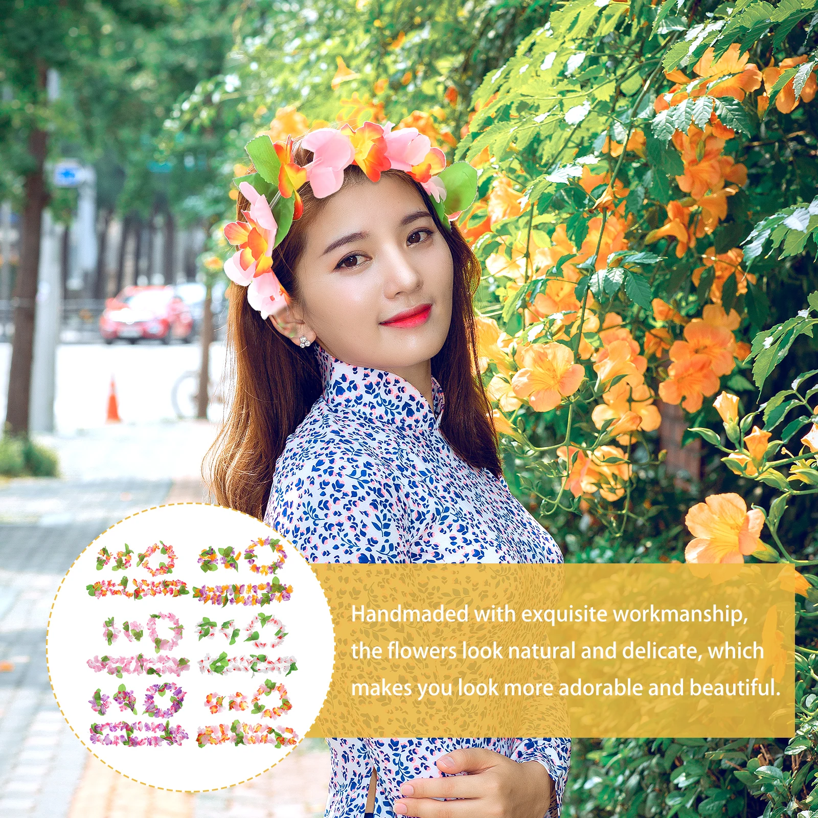 

6Pcs Floral Wreath Set Handmade Tropical Garland for Festivals Costume Party Travel Accessory Headband Necklace Bracelets