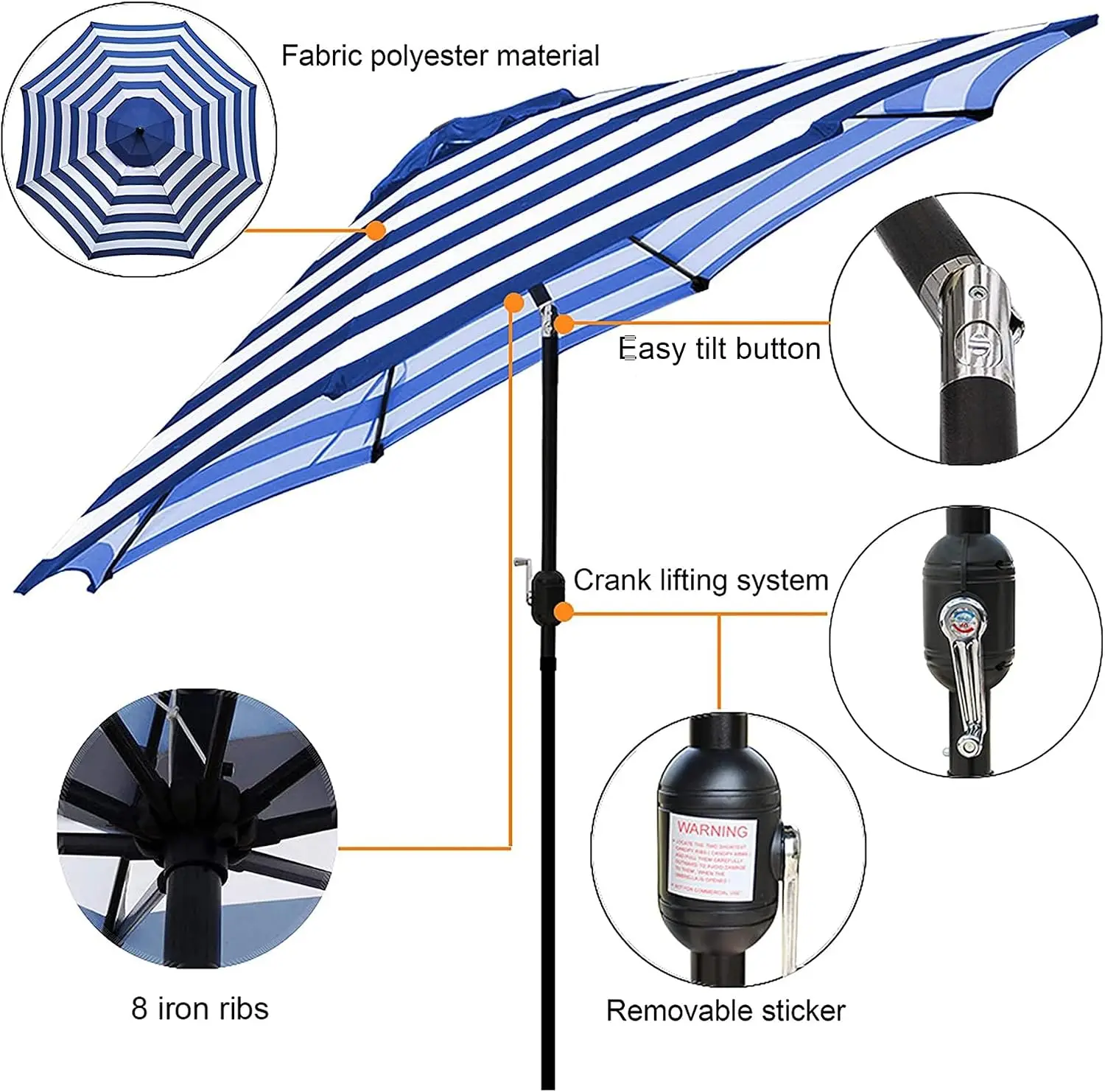 Blissun 9' Outdoor Patio Umbrella, Outdoor Table Umbrella, Yard Umbrella, Market Umbrella with 8 Sturdy Ribs, Push Button Tilt a