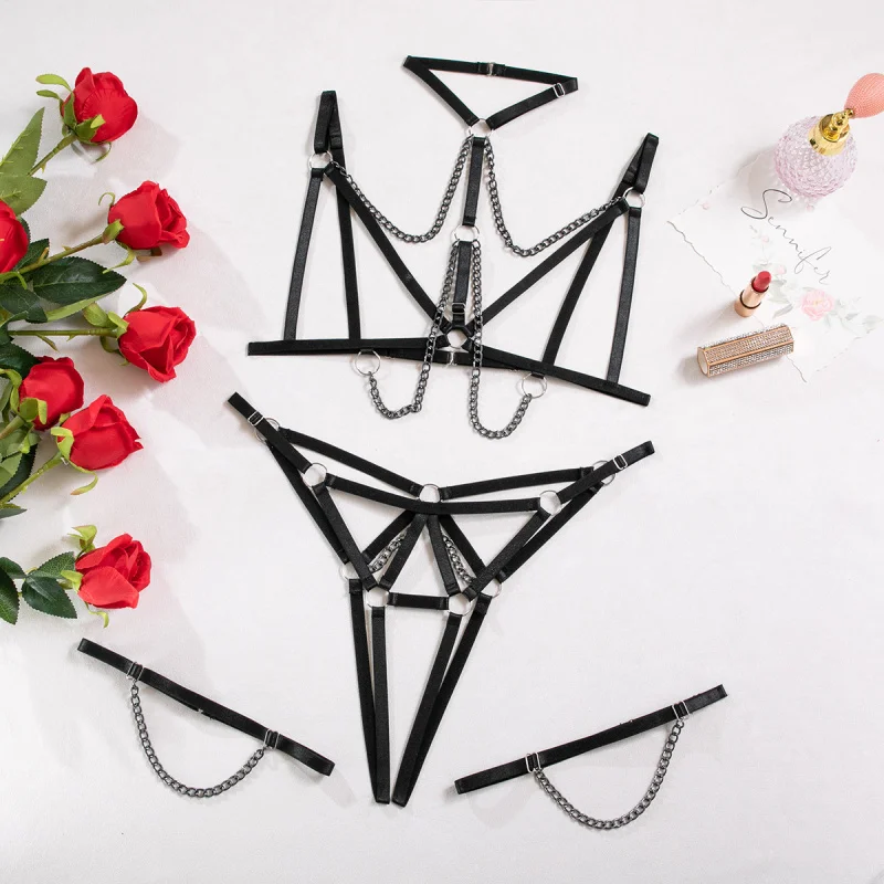 Bikini Sexy Lingerie Heavy Craft Patchwork Metal Chain Halter Three-Piece Set