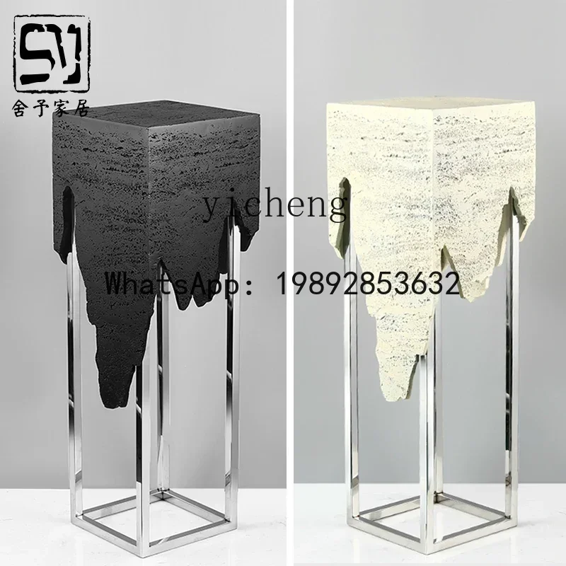 BB  marble pedestal sculpture table, floor-to-ceiling entrance next to living room TV cabinet, light luxury ornament base