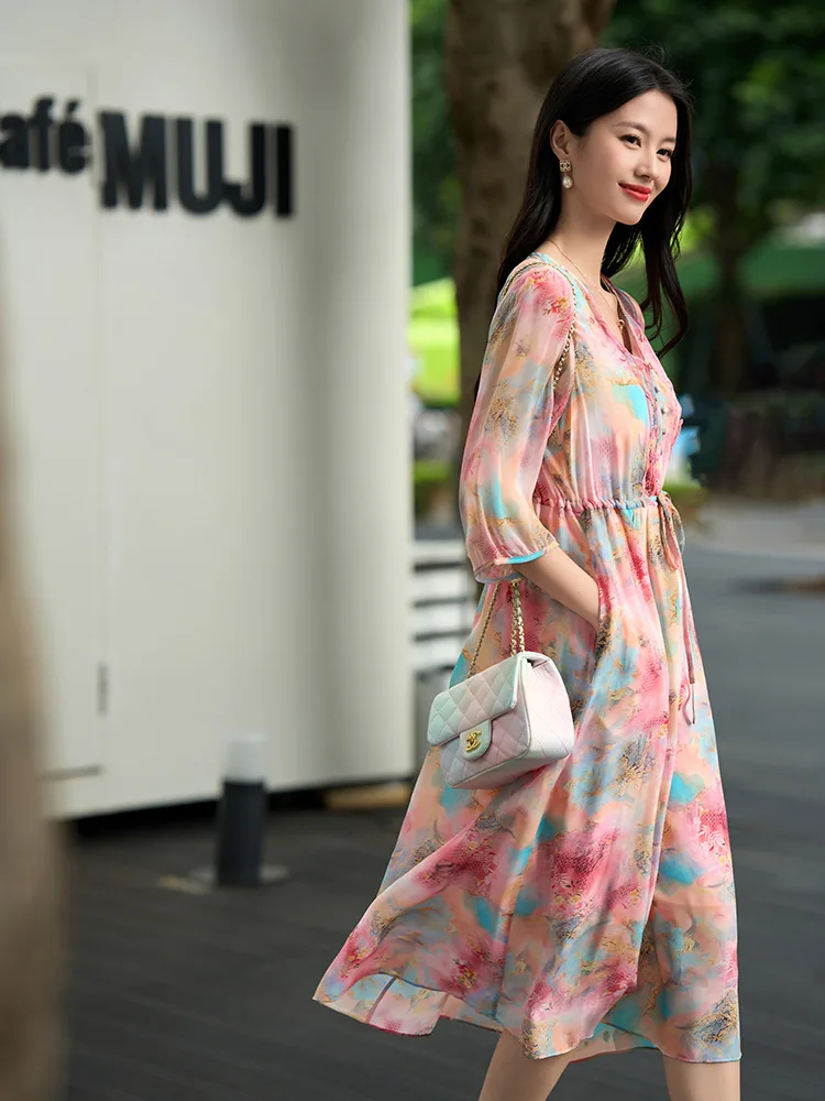 Winsleter-Vestido feminino elegante 100% seda real, meia manga com decote em V estampa floral, vestidos com babados franceses, novo verão 2025 D58267CC