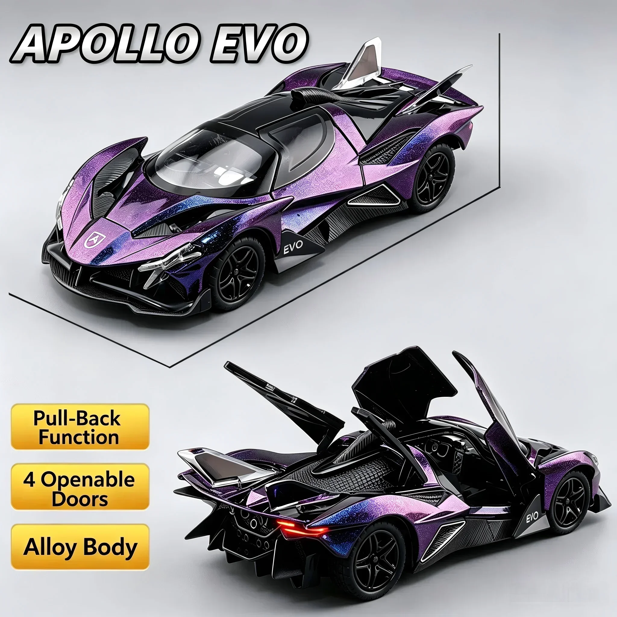 New 1:36 Apollo EVO IE Diecast Super Car Metal Replica Pull Back Openable Doors Display Car Ornament Birthday Christmas Gift