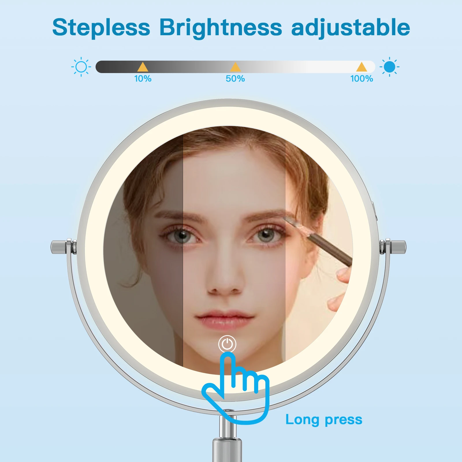 8-Zoll-Schminkspiegel mit Lichtlampe, 10-fache Vergrößerung, 3-farbige Lichter, höhenverstellbarer, stehender Kosmetikspiegel