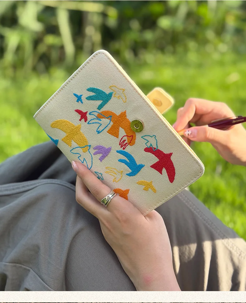 A6 Handbook Canvas Embroidered Cute Bird Pattern Portable Handbook Girl Style Notebook Ins Style Stationery Gift