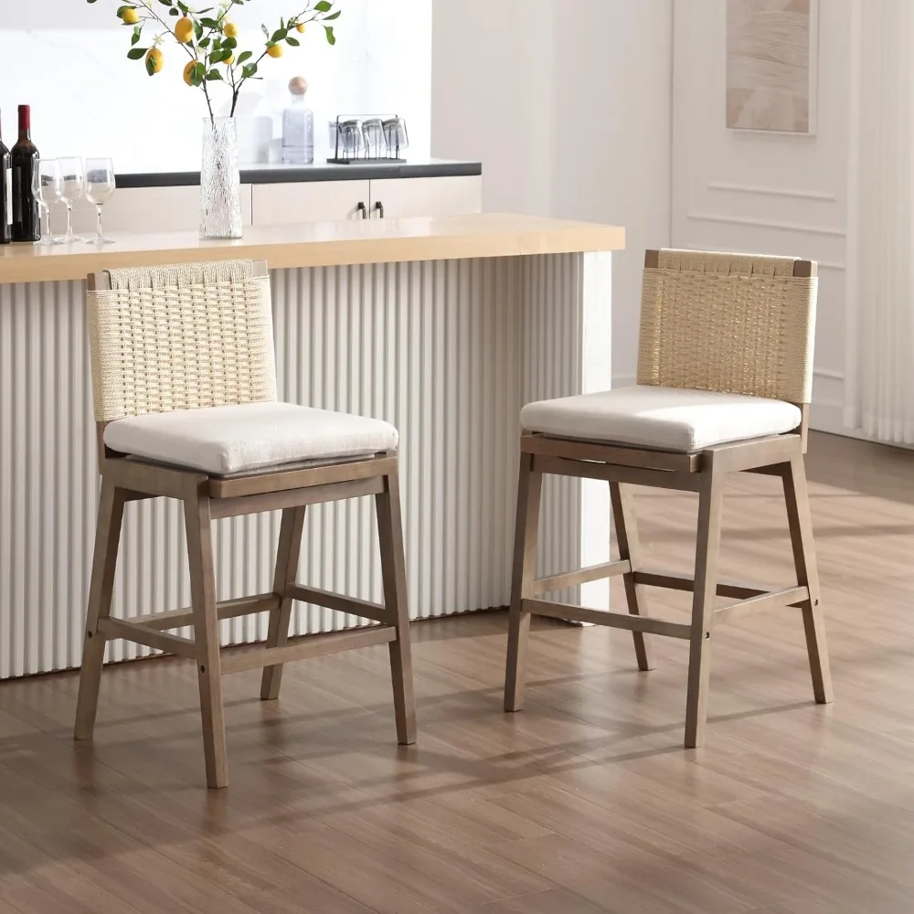 Bangku Meja Linen Tenun Set 2, Batang Rendah Tinggi Tempat Duduk 27,25" dengan Kaki Kayu Solid, Kotak Dapur Abad Pertengahan