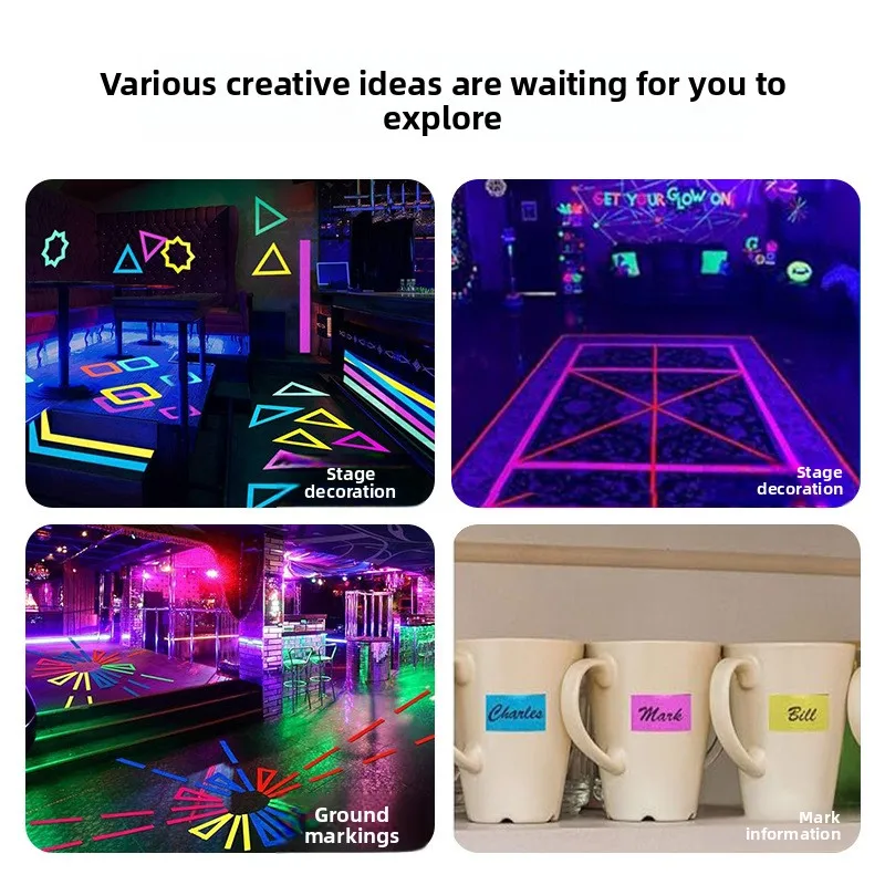 شريط فلورسنت للأشعة فوق البنفسجية، دعامة إضاءة للمسرح عالية الالتصاق، يتوهج تحت الضوء الأرجواني، شريط مضيء خالٍ من البقايا