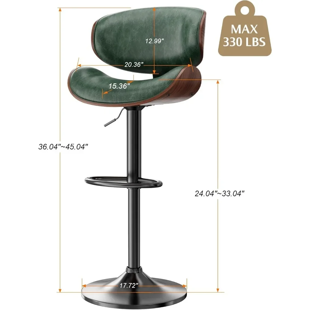 Bar Stools, Bentwood Adjustable Height Swivel Bar Stools, PU Leather Upholstered Bar Chair