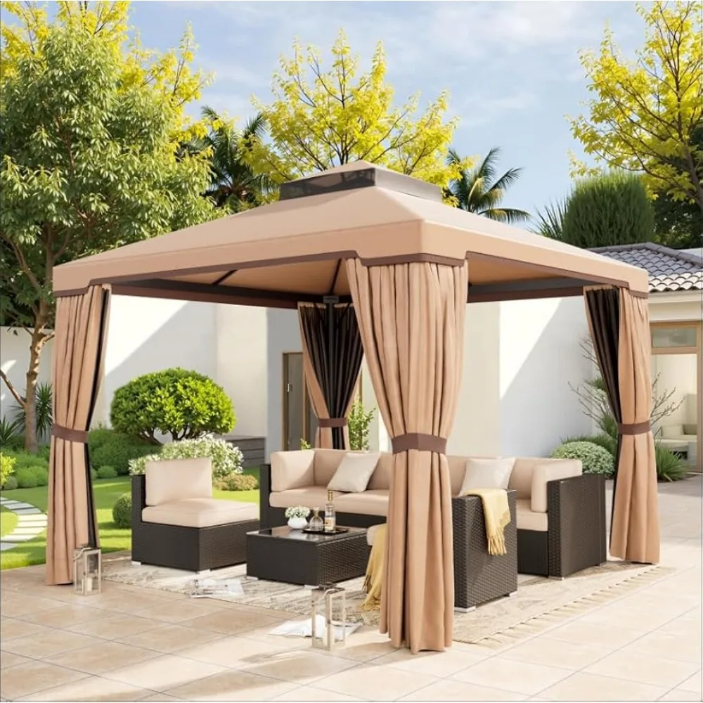 Outdoor 10x10 Garden Gazebo, Steel Vented Double Roof Patios Canopy, Outside Gazebo with Mosquito Netting for Backyard, Lawns,