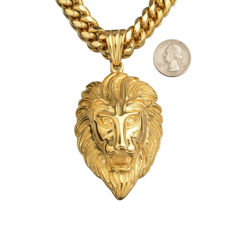 Hip Hop Bling Gold Color Stainless Steel Big Lion Pendants Necklace for Men Rapper Jewelry come with 14mm wide cuban chain