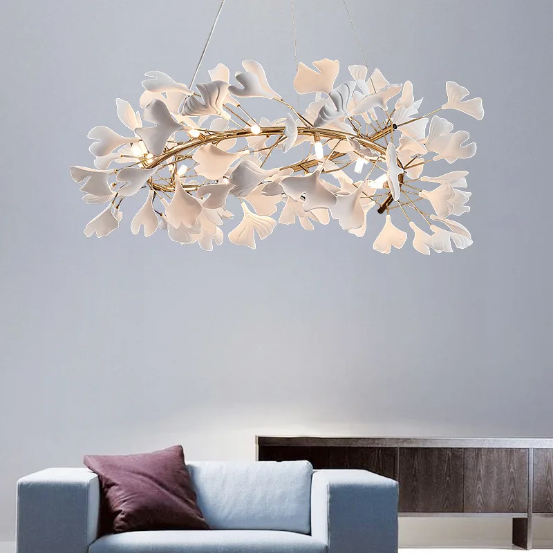 Modern Pendant Light White Acrylic Leaves Gold Metal G9 Bulb 60/80/100cm Cord Adjustable Home Deco For Parlor Restaurant Bedroom