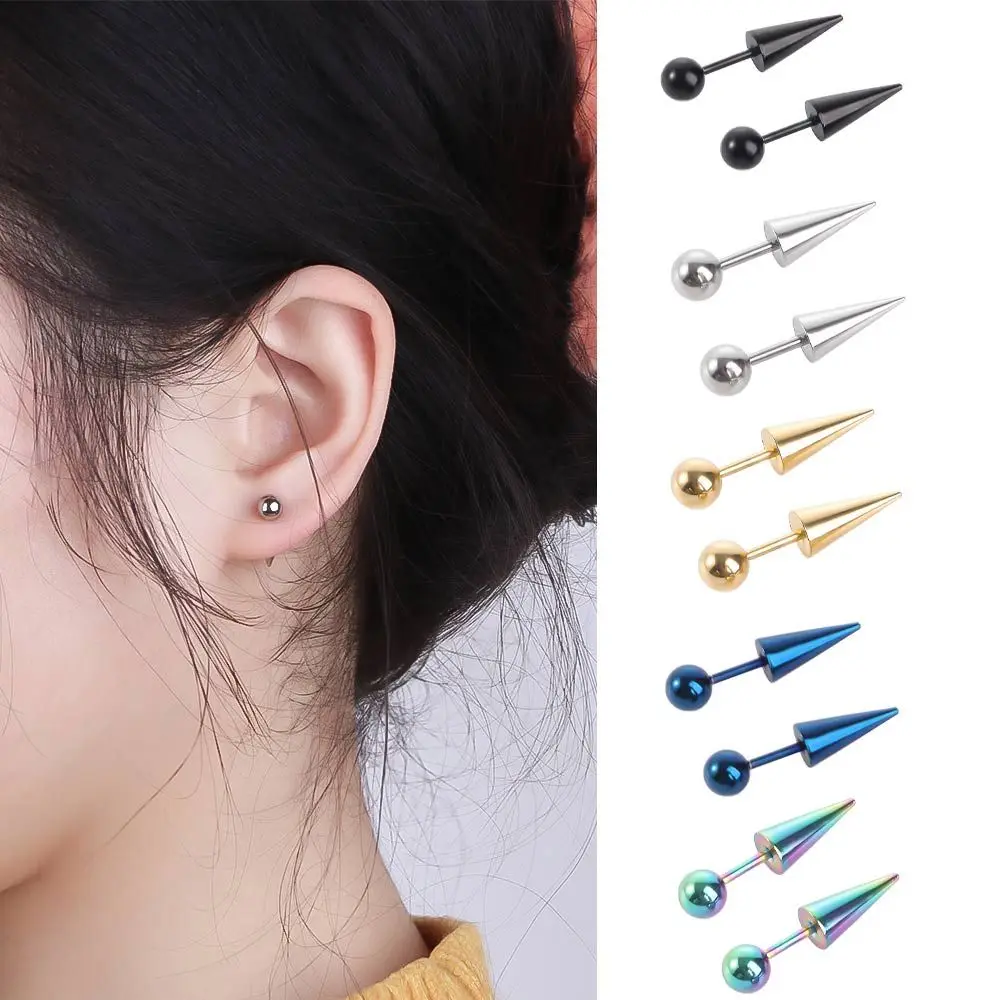 Punk Men Round Ball Spike Cone Tip Fashion Jewelry Ear Stud Titanium Steel Piercing Earrings