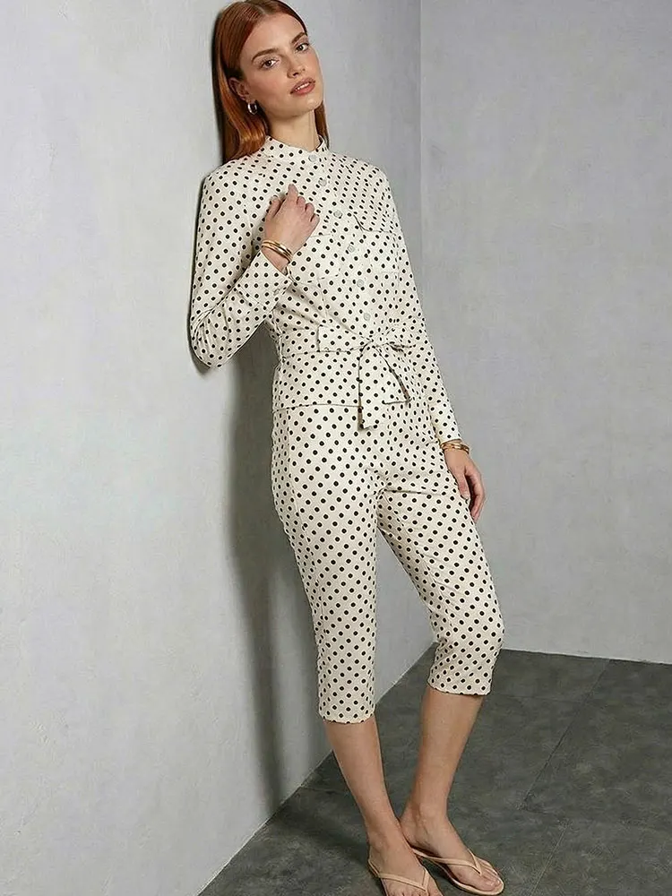 HH Women Fashion 2 Piece Pant Sets Polka Dot Lace Up Button Jacket Casual Cropped Trousers Female Vintage Commute Clothing Suit