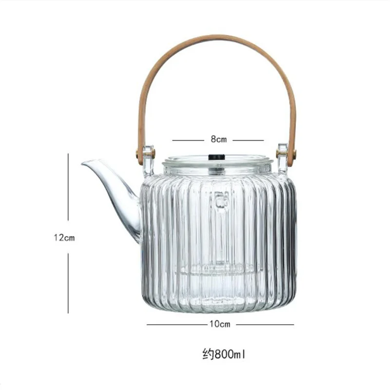 Japanese Vertical Stripe Pattern Boiling Steamed Glass Teapot Puer FlowerTea Kettle Kungfu Tea Pot Flat Bamboo Lifting Beam Pot