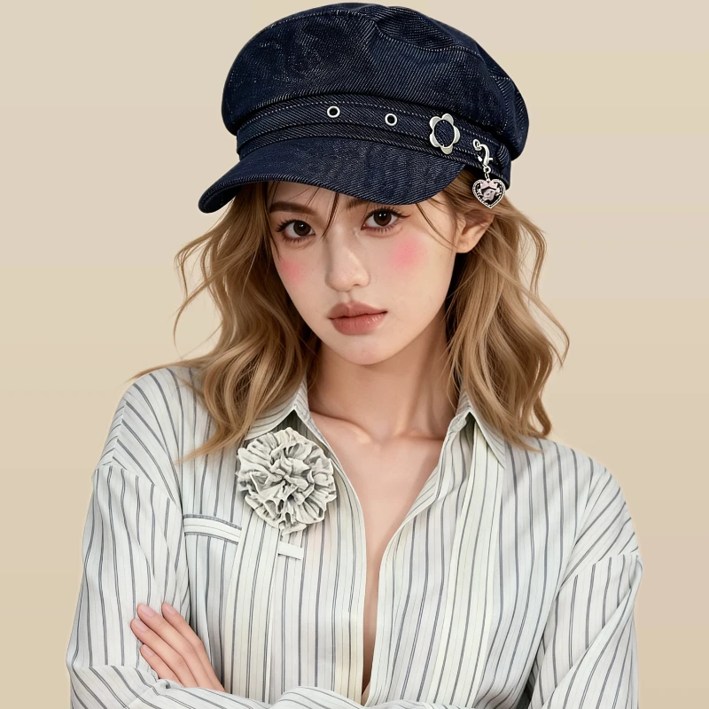 Koreanische Retro Flat-Top-Militärkappe mit Metallnieten für Damen – Steifer Denim-Schirm im Sweet Hot Girl Style mit Herz- und Blumenmuster, achteckige Sonnenkappe – Detail 2