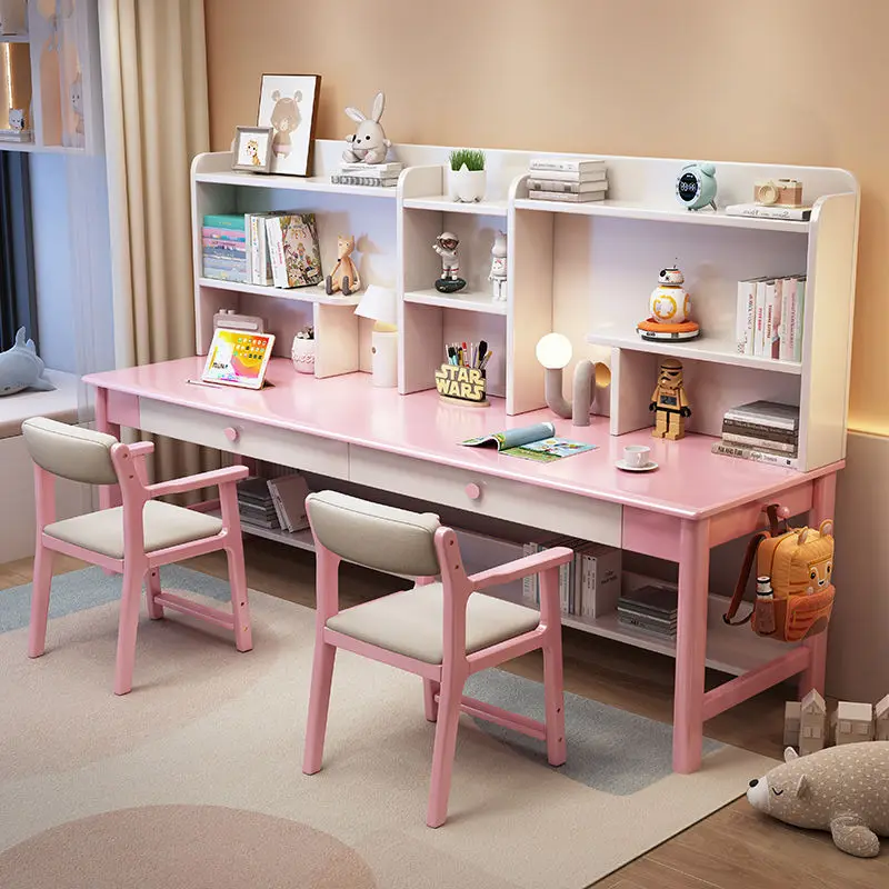 desk bookshelf combination, solid wood double study table, home bedroom, primary and secondary school student writing desk