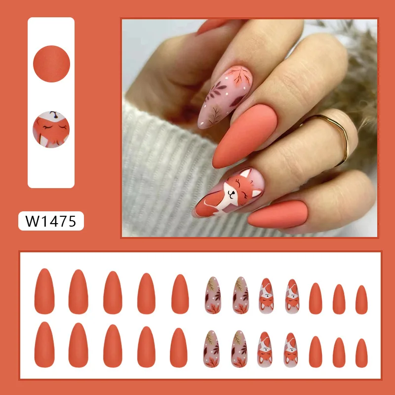 24 Pcs Press on Nails Cute Squirrel Falling Leaves Fall and Winter Rustic Style Press on Nails Set Mid-length Long Almonds Sweet