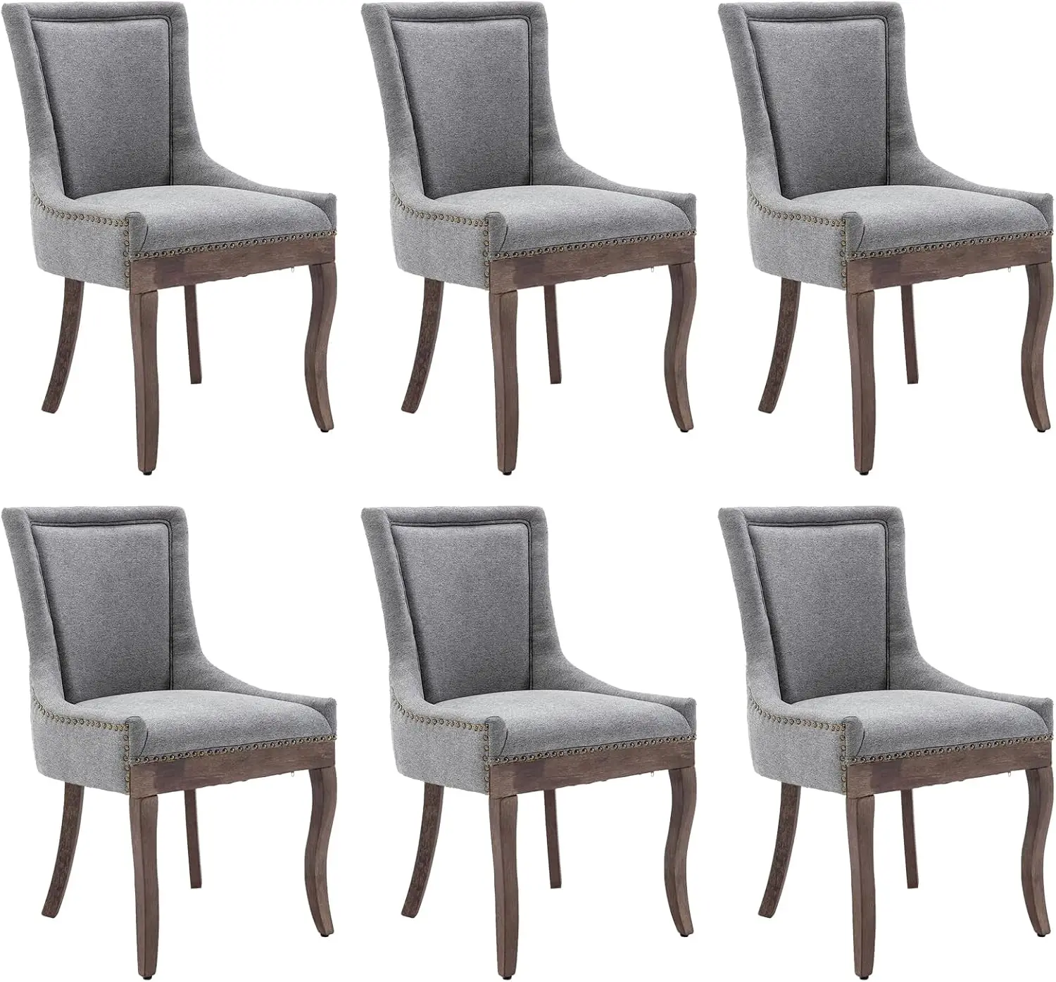 Fabric Vintage Upholstered Side Chairs Set of 6 Farmhouse Solid Wood Kitchen Dining Room Chairs Nailheads Solid (Fabric Gray)