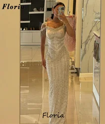 Ivory Beaded Evening Dresses Elegant Arabic Dubai Straps Formal Prom Dress Vestidos De Gala Straight Sequins Wedding Party Dress