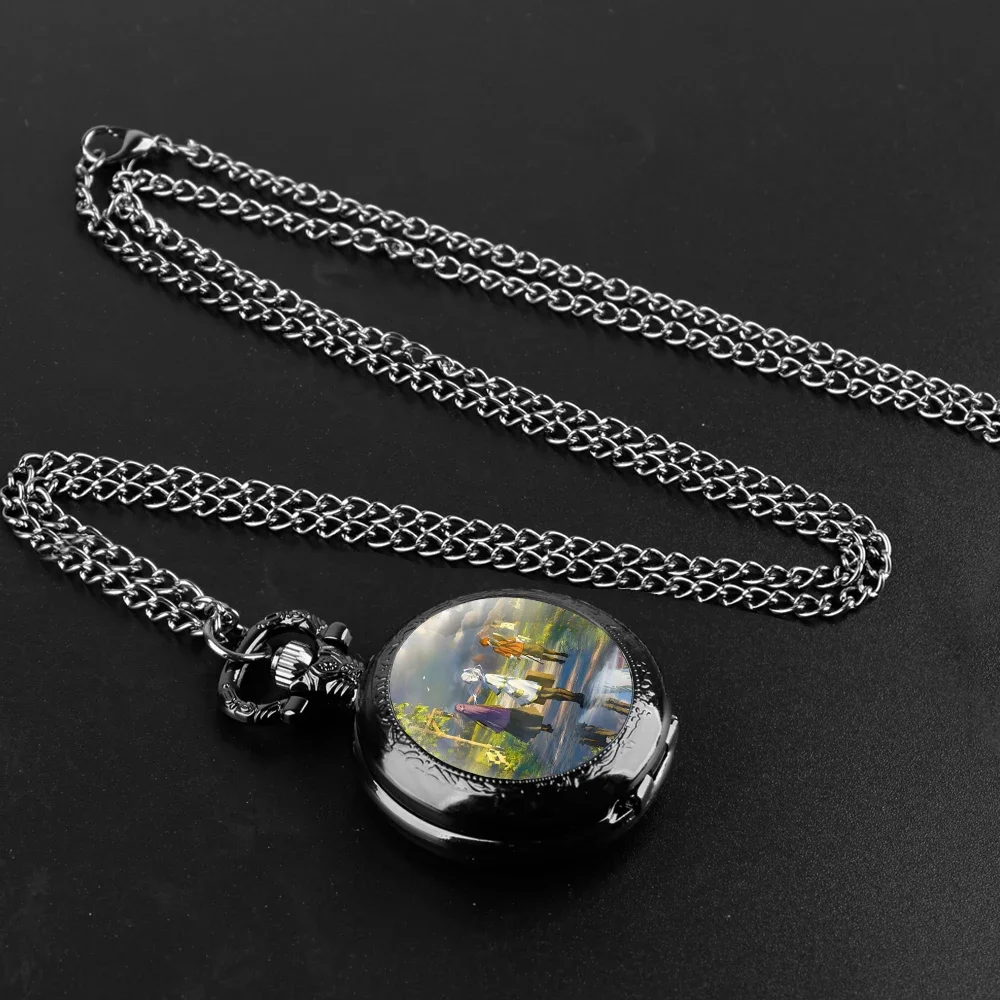 Frieren: Beyond Journey's End Glass Dome Pocket Watch with Chain Necklace Vintage Quartz Pendant Watches Mens Women Gifts