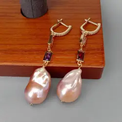 KKGEM Cz Pave Chain 15x23mm Natural Cultured Pink Reborn keshi Pearl Dangle Lever Back Earrings Classic For Women